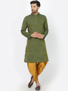 Green Ethnic Motifs Woven Design Mandarin Collar Jacquard Kurta with Dhoti Pants