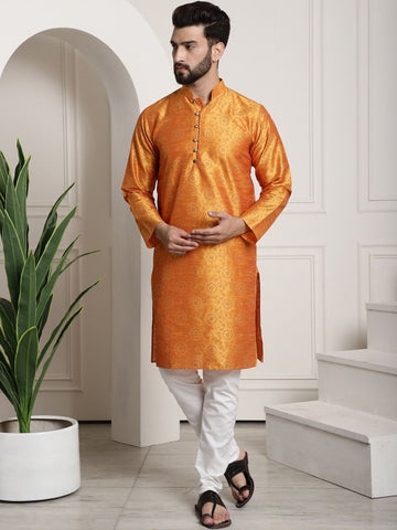 Yellow Paisley Printed Mandarin Collar Kurta With Churidar