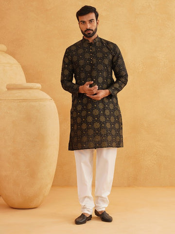 Black Paisley Printed Mandarin Collar Kurta With Churidar