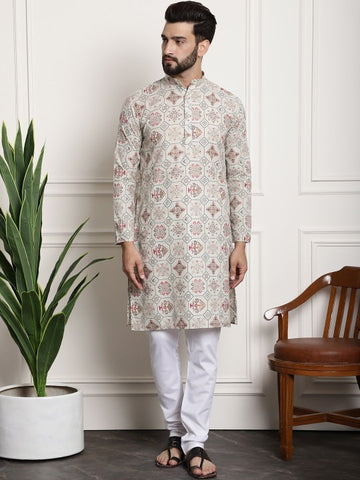 Ethnic Motifs Printed Band Collar Straight Kurta With Churidar