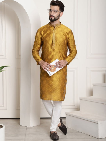 Men Mustard Yellow Ethnic Motifs Thread Work Kurta with Churidar