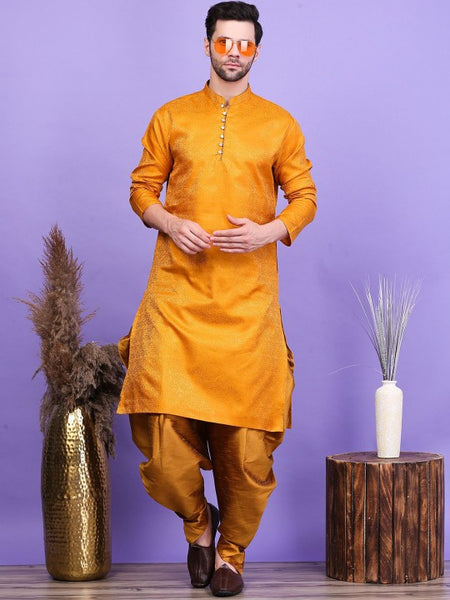 Yellow Ethnic Motifs Woven Design Mandarin Collar Straight Kurta with Patiala