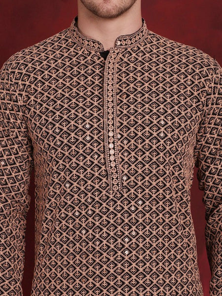 Men Mandarin collar Ethnic Motif Embroidered Thread Work Straight Cotton Kurta