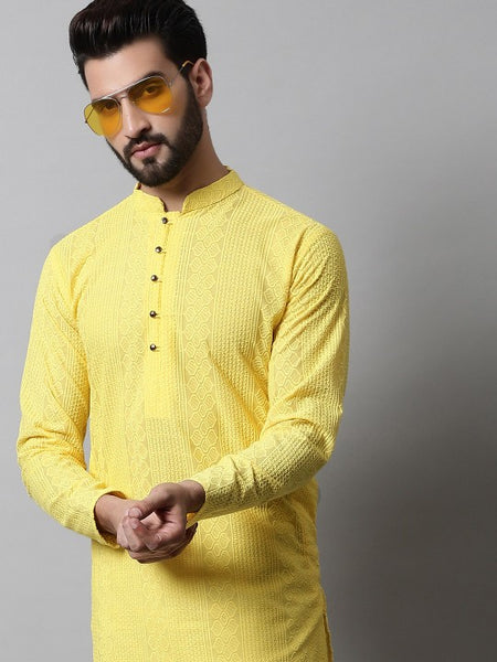 Men Yellow Embroidered Pure Cotton Kurta