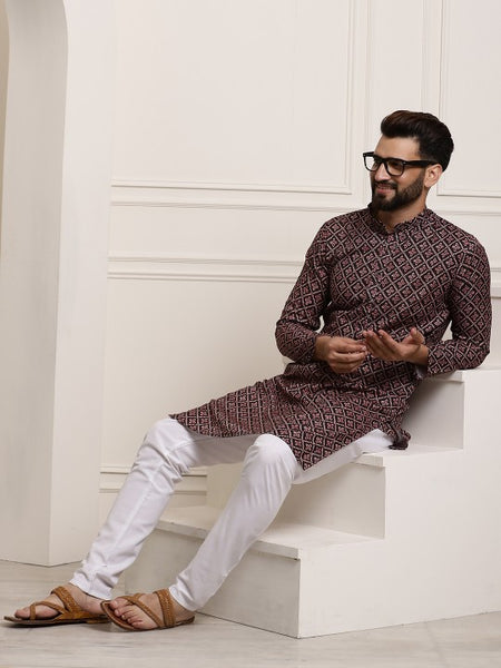 Men Black Ethnic Motifs Printed Pure Cotton Kurta with Churidar