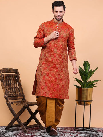 Red Ethnic Motifs Woven Design Regular Zari Kurta With Dhoti Pants