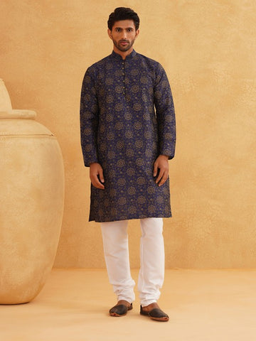Navy Blue Paisley Printed Mandarin Collar Kurta With Churidar