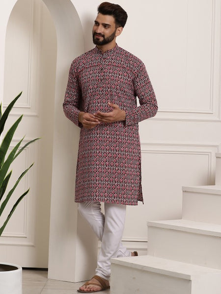 Men Brown Printed Cotton Kurta with Churidar
