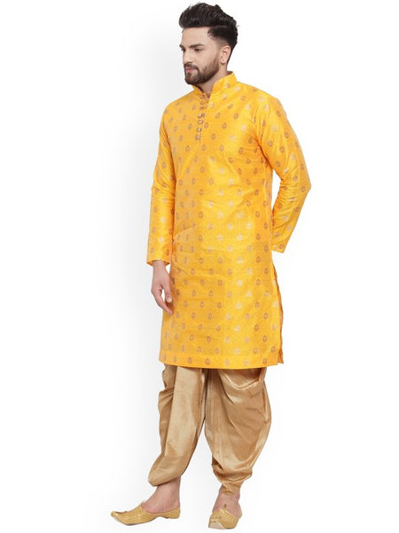 Yellow Ethnic Motifs Woven Design Mandarin Collar Kurta with Dhoti Pants