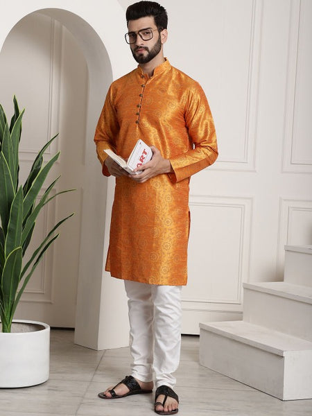 Yellow Paisley Printed Mandarin Collar Kurta With Churidar