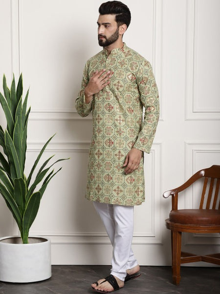 Green Ethnic Motifs Printed Band Collar Straight Kurta With Churidar