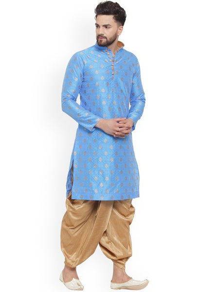 Blue Ethnic Motifs Woven Design Mandarin Collar Kurta with Dhoti Pants