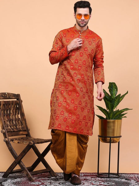 Red Ethnic Motifs Woven Design Regular Zari Kurta With Dhoti Pants