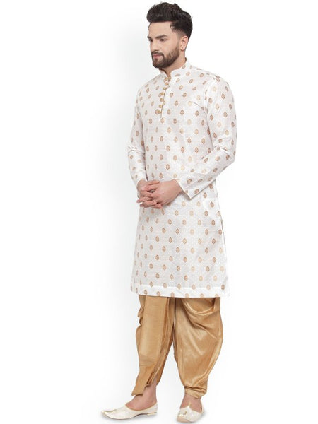 White Ethnic Motifs Woven Design Mandarin Collar Kurta with Dhoti Pants