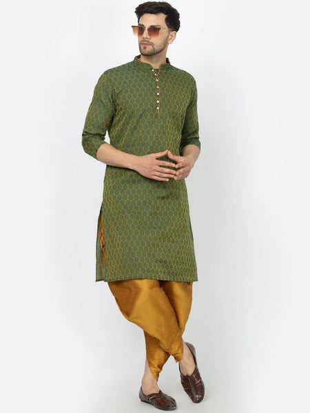 Green Ethnic Motifs Woven Design Mandarin Collar Jacquard Kurta with Dhoti Pants