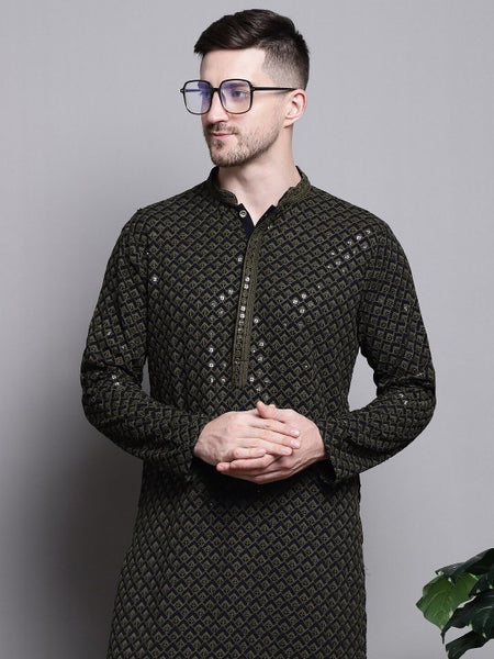 Mandarin collar Ethnic Motif Embroidered Thread Work Straight Cotton Kurta