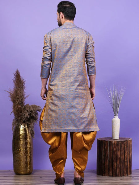 Blue Ethnic Motifs Woven Design Mandarin Collar Straight Kurta with Patiala