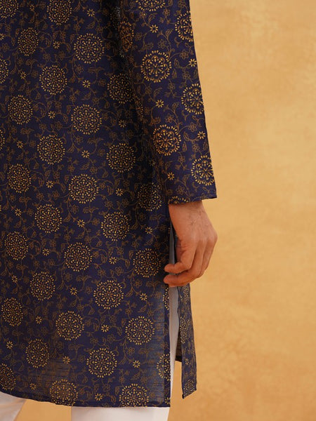 Navy Blue Paisley Printed Mandarin Collar Kurta With Churidar