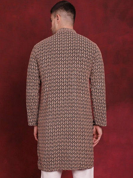 Men Mandarin collar Ethnic Motif Embroidered Thread Work Straight Cotton Kurta