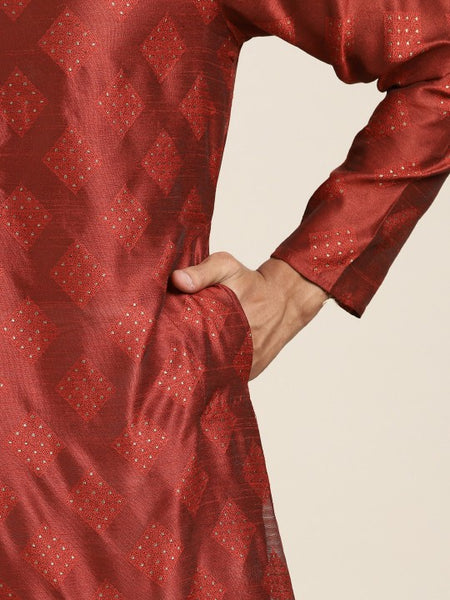 Men Maroon Self Design Kurta with Churidar