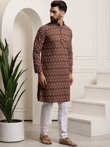 Men Brown Printed Pure Cotton Kurta with Churidar
