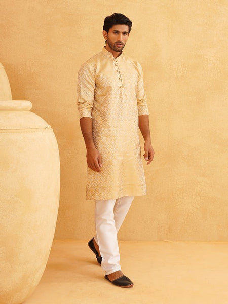 Men HandCrafted Gold-Toned Printed Straight Kurta