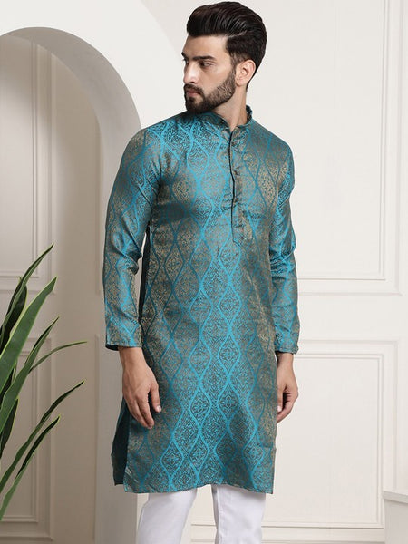 Men Teal & Gold-Toned Indian Ethnic Motif Kurta