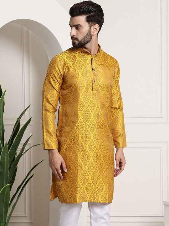 Men Yellow Woven Design Jacquard Straight Kurta