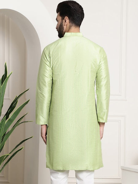 Men Pista Green Woven Design Jacquard Straight Kurta