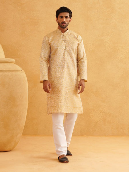 Men HandCrafted Gold-Toned Printed Straight Kurta