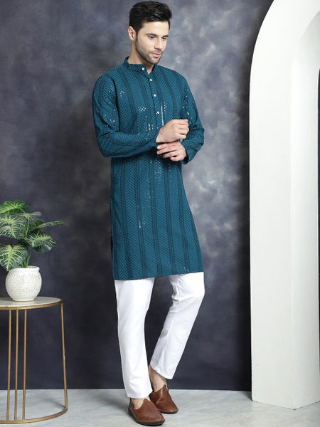 Geometric Sequins Chikankari Embroidered Band Collar Kurta