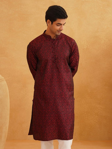 Men HandCrafted Maroon Printed Straight Kurta