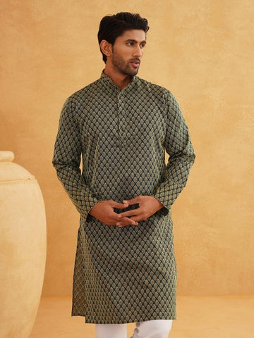 Men Green & Beige Woven Design Jacquard Kurta