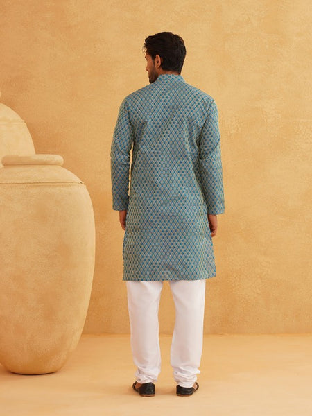 Men Blue & Beige Ethnic Motif Printed Jacquard Silk Kurta