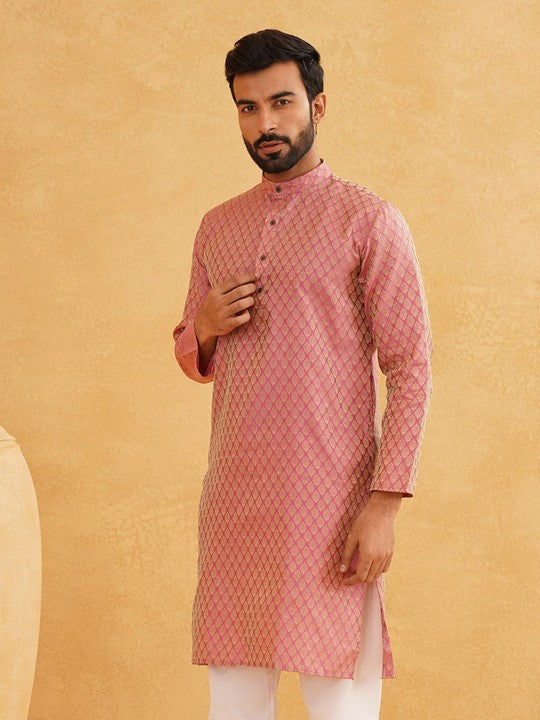 Men Pink & Beige Ethnic Motifs Jacquard Woven Design Straight Kurta