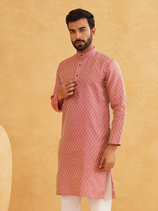 Men Pink & Beige Ethnic Motifs Jacquard Woven Design Straight Kurta