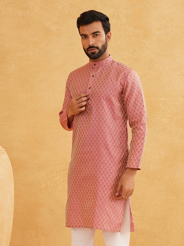 Men Pink & Beige Ethnic Motifs Jacquard Woven Design Straight Kurta