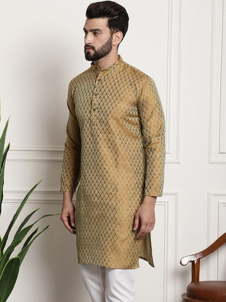 Men Golden & Beige Woven Design Jacquard Kurta
