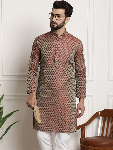 Men Maroon & Golden Ethnic Motifs Jacquard Silk Kurta