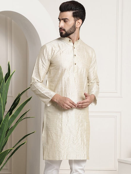 Men cream-coloured Ethnic Motifs Jacquard Silk Kurta