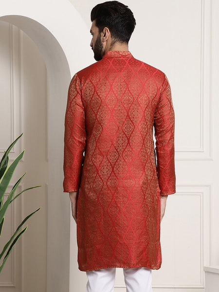 Men Red Woven Design Jacquard Straight Kurta
