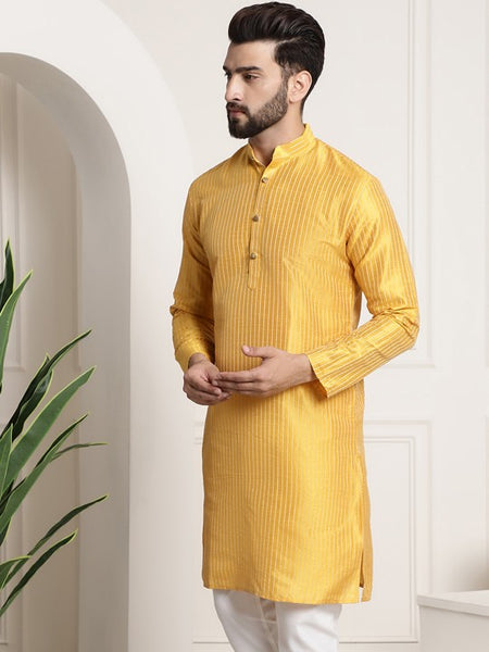 Men Yellow Woven Design Jacquard Straight Kurta