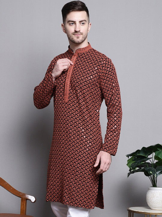 Geometric Embroidered Thread Work Sequinned Pure Cotton Kurta
