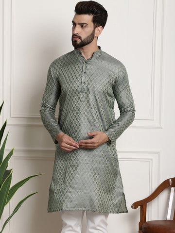 Men Teal Green & Beige Ethnic Motifs Jacquard Silk Kurta