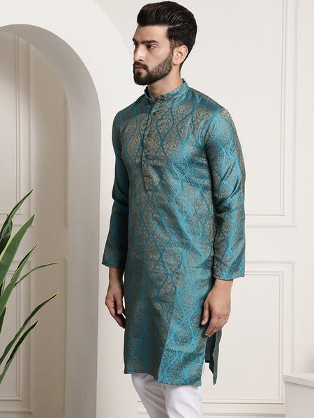 Men Teal & Gold-Toned Indian Ethnic Motif Kurta