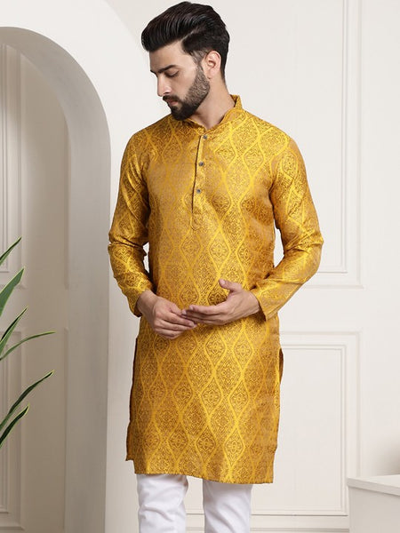 Men Yellow Woven Design Jacquard Straight Kurta