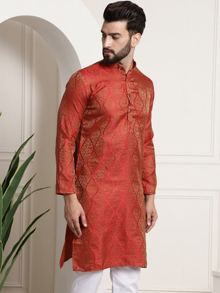 Men Red Woven Design Jacquard Straight Kurta