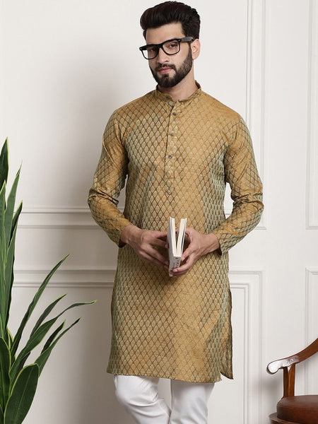 Men Golden & Beige Woven Design Jacquard Kurta