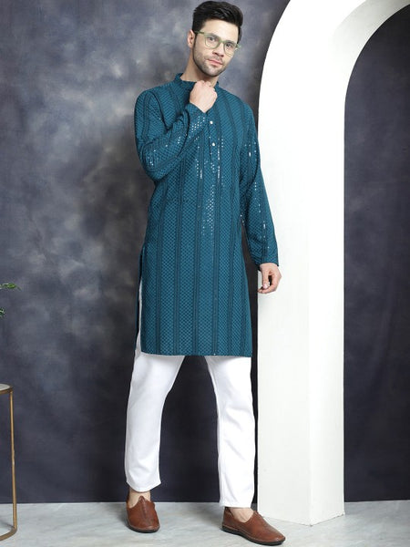 Geometric Sequins Chikankari Embroidered Band Collar Kurta