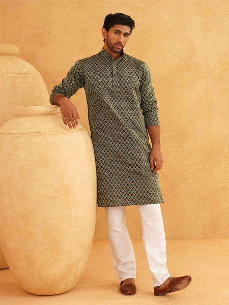 Men Green & Beige Woven Design Jacquard Kurta